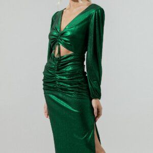 Sugarlips Cannes Liquid Satin Ruched Cut Out Green Midi Dress | Large
